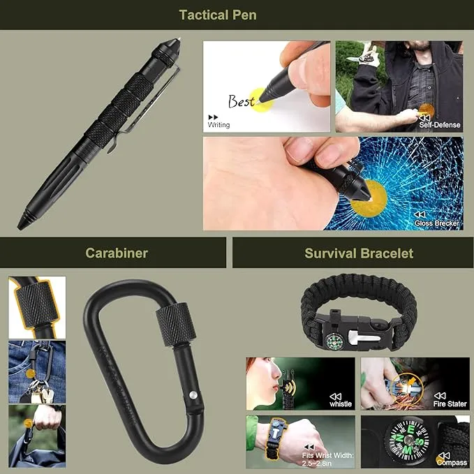 XUANLAN Emergency Survival Kit, Outdoor Survival Gear Tool with Survival Bracelet, Fire Starter, Whistle, Wood Cutter, Water Bottle Clip, Pen