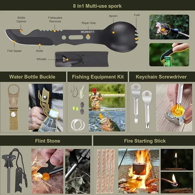 XUANLAN Emergency Survival Kit, Outdoor Survival Gear Tool with Survival Bracelet, Fire Starter, Whistle, Wood Cutter, Water Bottle Clip, Pen