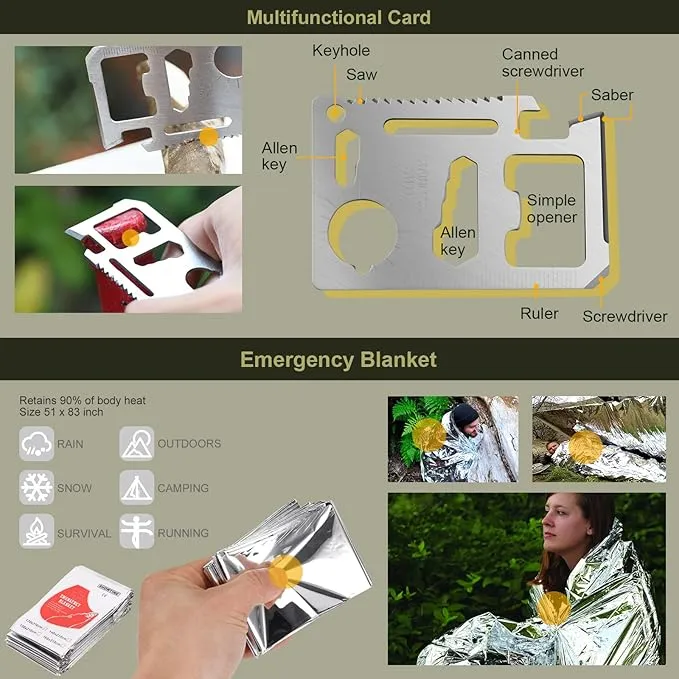 XUANLAN Emergency Survival Kit, Outdoor Survival Gear Tool with Survival Bracelet, Fire Starter, Whistle, Wood Cutter, Water Bottle Clip, Pen