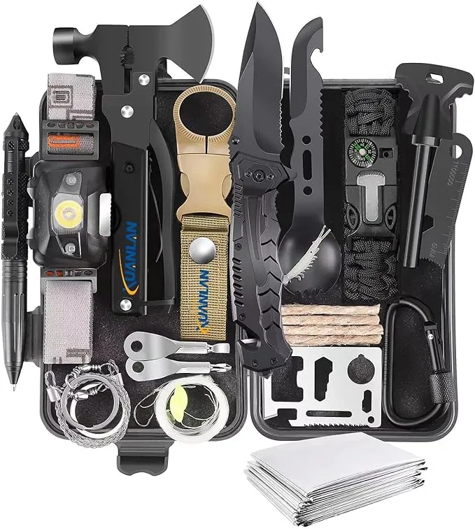 XUANLAN Emergency Survival Kit, Outdoor Survival Gear Tool with Survival Bracelet, Fire Starter, Whistle, Wood Cutter, Water Bottle Clip, Pen
