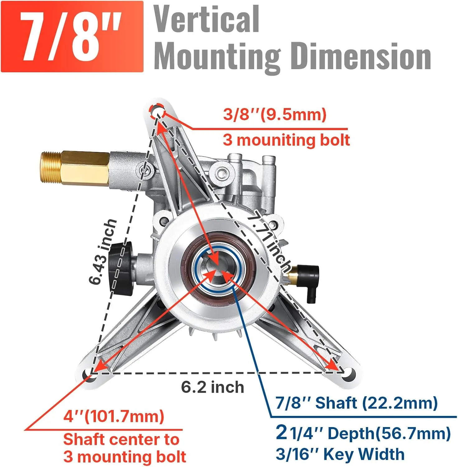 YAMATIC 7/8" Shaft Vertical Pressure Washer Pump 3000 PSI @ 2.5 GPM Replacement Pump for Power Washer Compatible with 308653045, 308653093, 308653052, 308653078, GCV190 Rear Inlet/Outlet