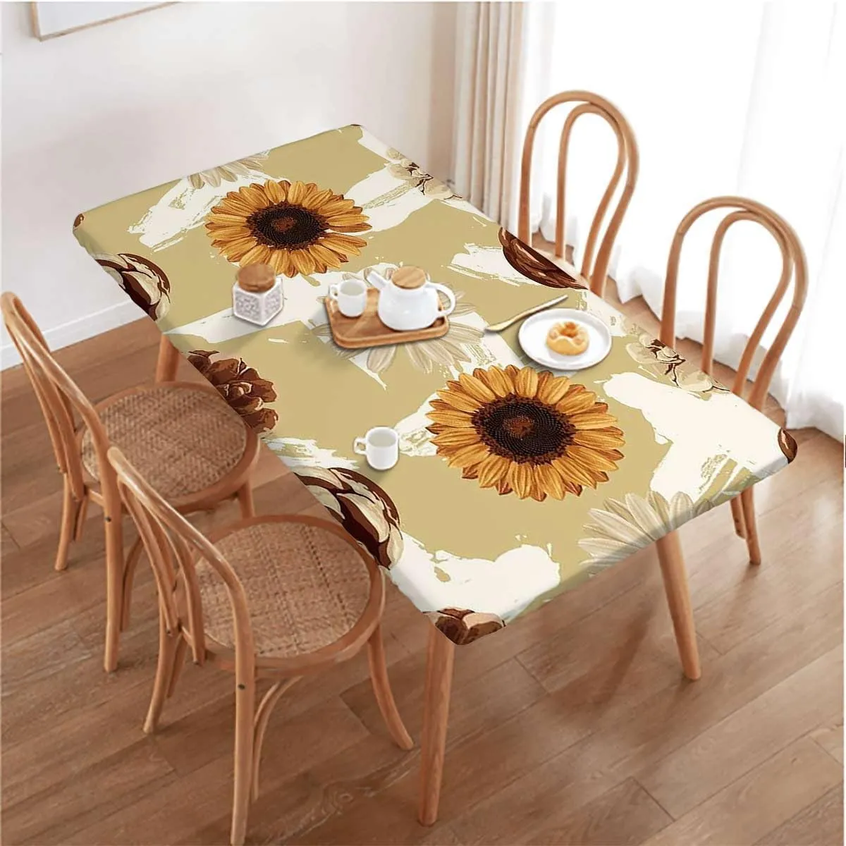 Yellow Brown Elastic Fitted Tablecloths, Sunflowers Rustic Ornamental Image Wooden Boards Oil Proof Waterproof Tablecloth for Picnic Party Floral Fits up 5 Foot Tables