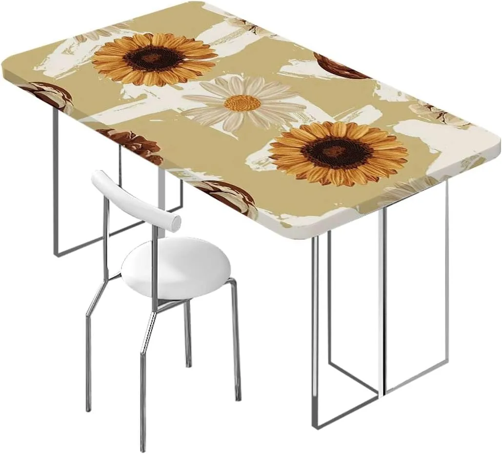 Yellow Brown Elastic Fitted Tablecloths, Sunflowers Rustic Ornamental Image Wooden Boards Oil Proof Waterproof Tablecloth for Picnic Party Floral Fits up 5 Foot Tables