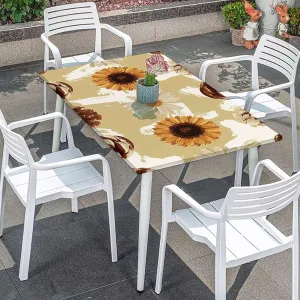 Yellow Brown Elastic Fitted Tablecloths, Sunflowers Rustic Ornamental Image Wooden Boards Oil Proof Waterproof Tablecloth for Picnic Party Floral Fits up 5 Foot Tables