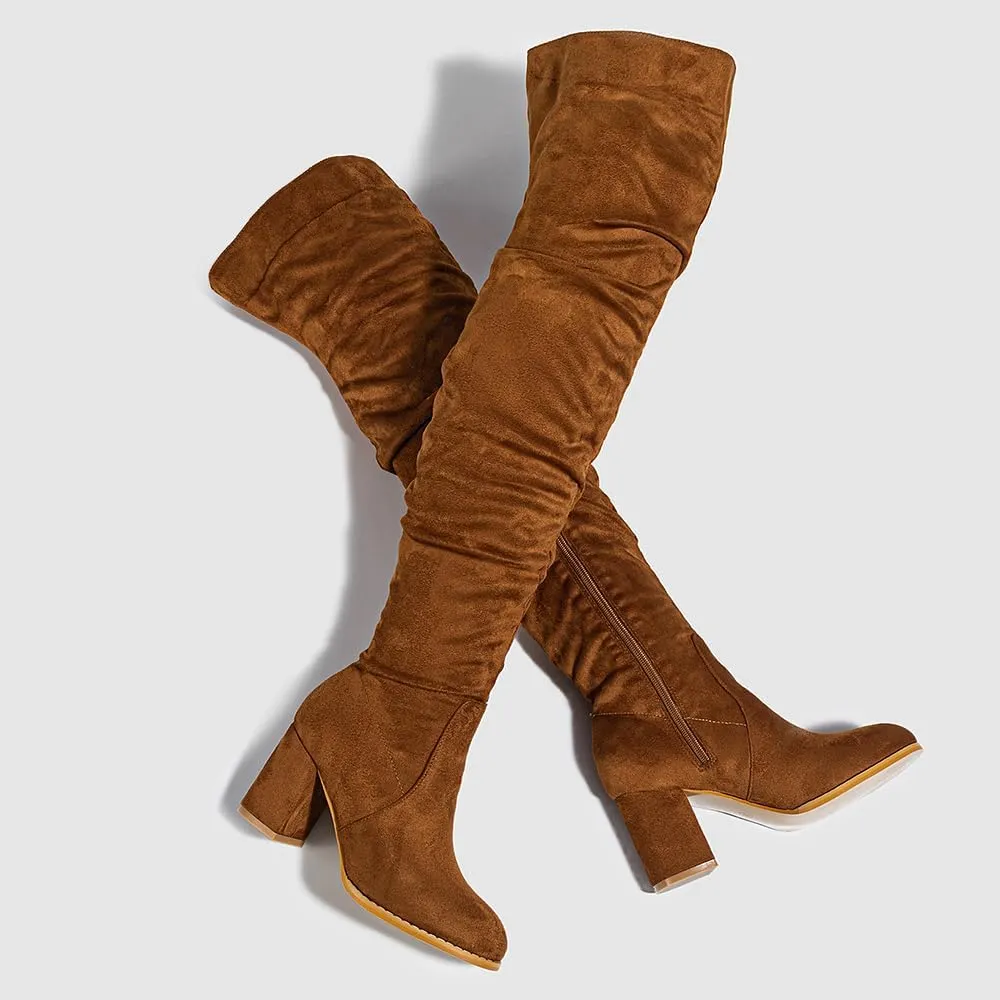 YING LAN Over The Knee High Boots For Women Pull On Side Zipper Chunky Block Heel Thigh High Boots