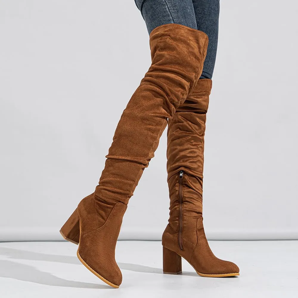 YING LAN Over The Knee High Boots For Women Pull On Side Zipper Chunky Block Heel Thigh High Boots