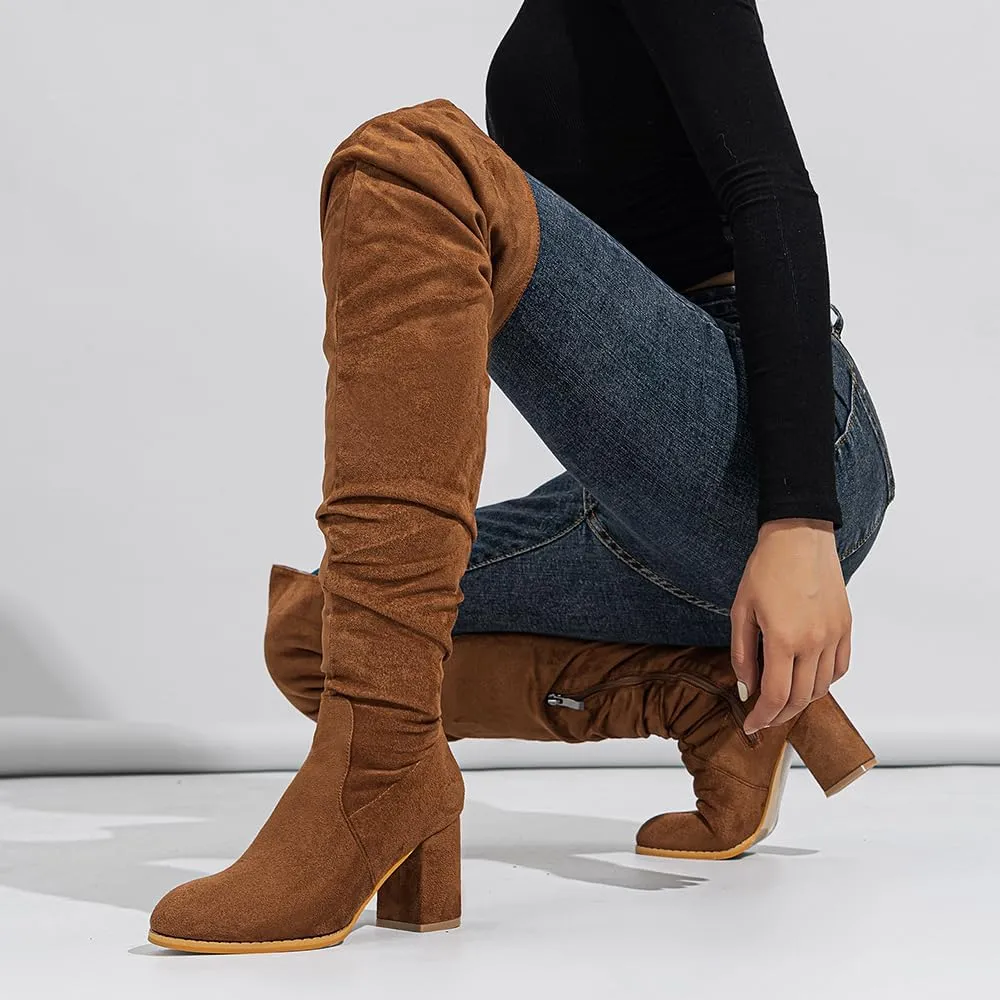 YING LAN Over The Knee High Boots For Women Pull On Side Zipper Chunky Block Heel Thigh High Boots