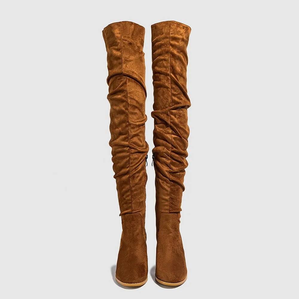 YING LAN Over The Knee High Boots For Women Pull On Side Zipper Chunky Block Heel Thigh High Boots