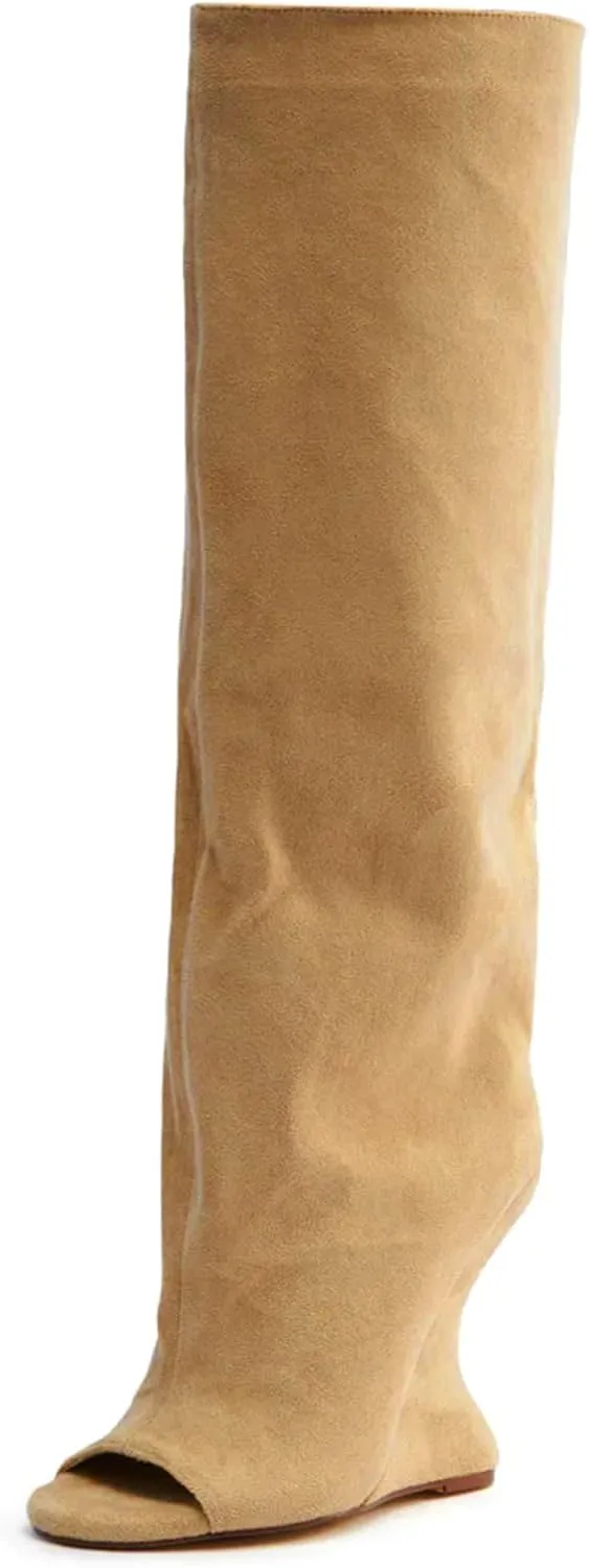 Yishaweiqi Suede Knee High Boots for Women Peep Toe Wide Calf Pull On Wedge Boots