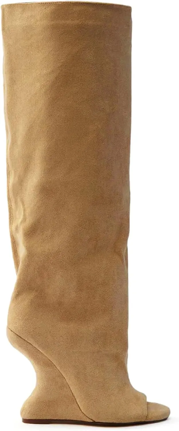 Yishaweiqi Suede Knee High Boots for Women Peep Toe Wide Calf Pull On Wedge Boots