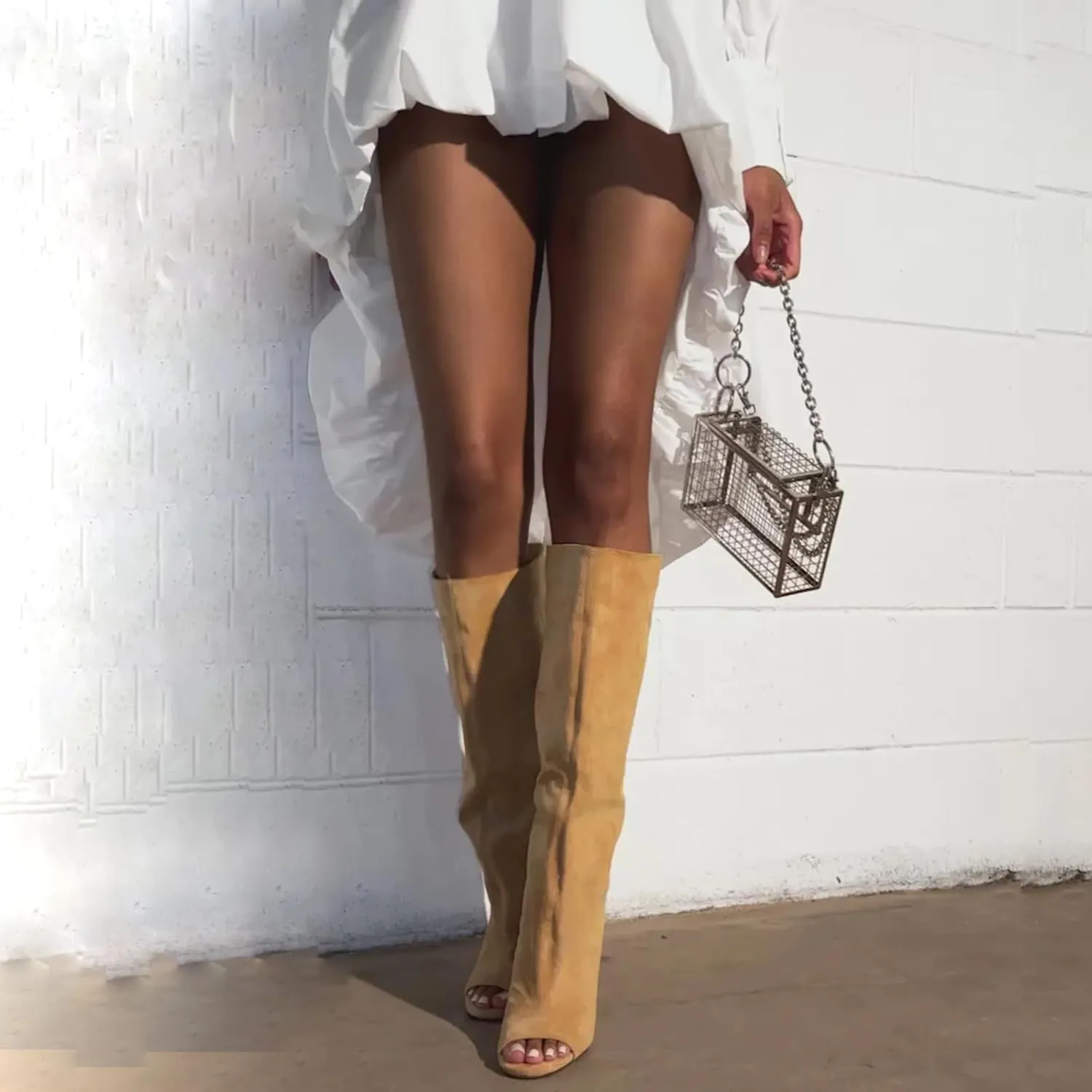 Yishaweiqi Suede Knee High Boots for Women Peep Toe Wide Calf Pull On Wedge Boots