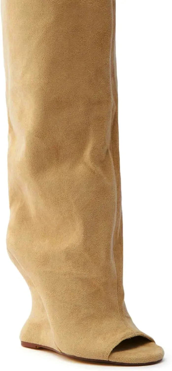 Yishaweiqi Suede Knee High Boots for Women Peep Toe Wide Calf Pull On Wedge Boots