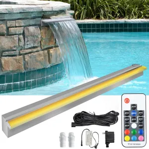 YITAHOME 48" Waterfall Spillway Stainless Steel Pool Fountain With 7 Colors LED Light Changing Remote for Pond, Swimming, Outdoor Garden Decorations