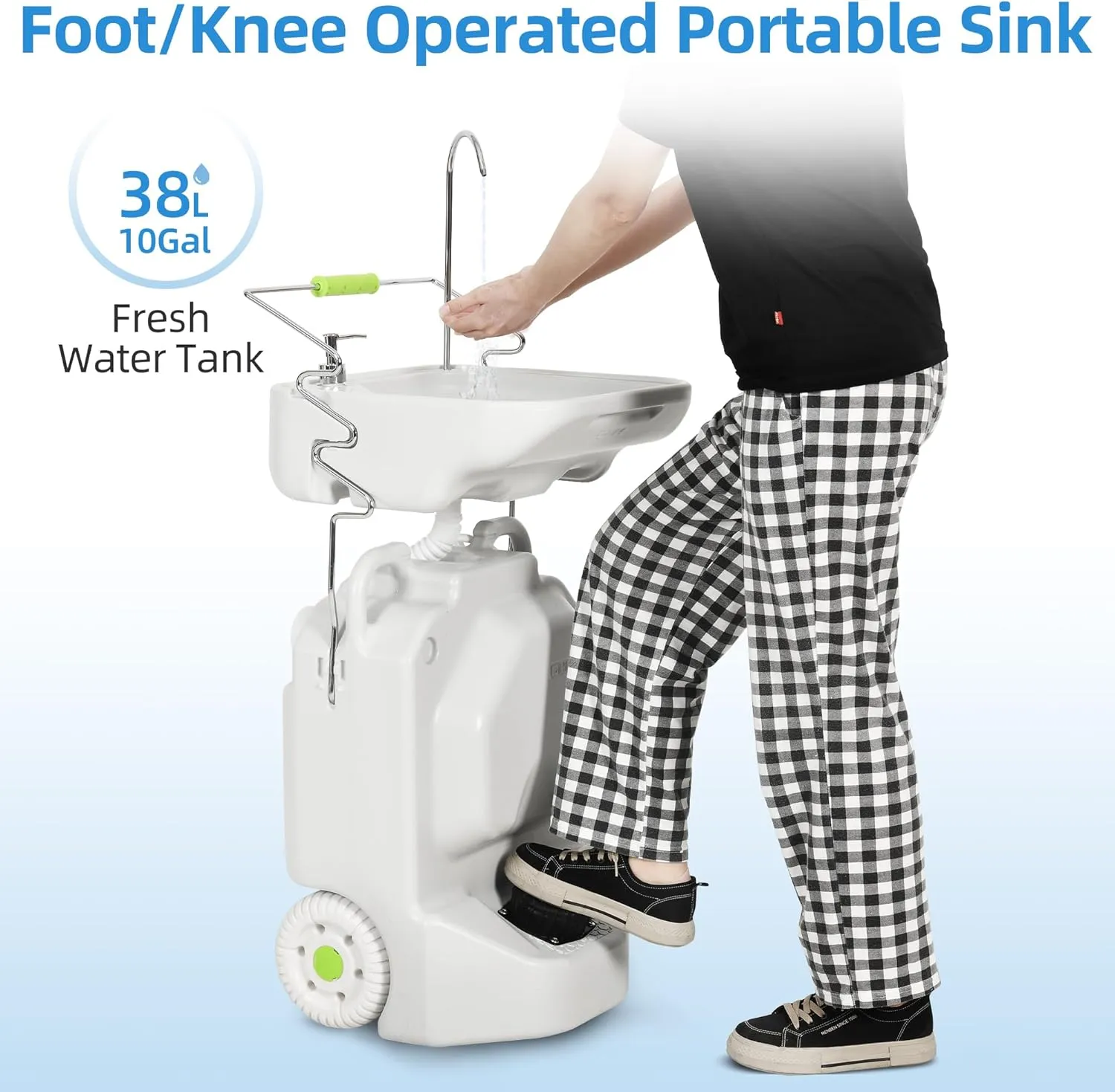 YITAHOME Portable Camping Sink, 38 L Handwashing Station with Adjustable Wash Basin, Soap Dispenser, Metal Handle, Large Wheels for Outdoor, Travel, Boat, Gather, Garden, Worksite, White