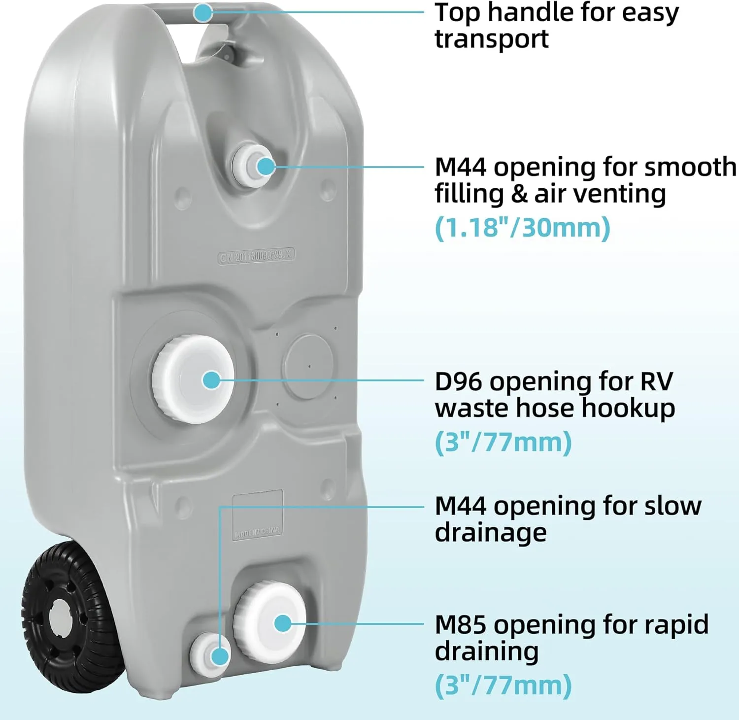 YITAMOTOR 40L Portable Water Tank with Solid Handle, Odorless Tote for Camper with Large Wheels, Portable Water Holding Tank with Filling and Draining Ports for Efficient Water Management, Gray