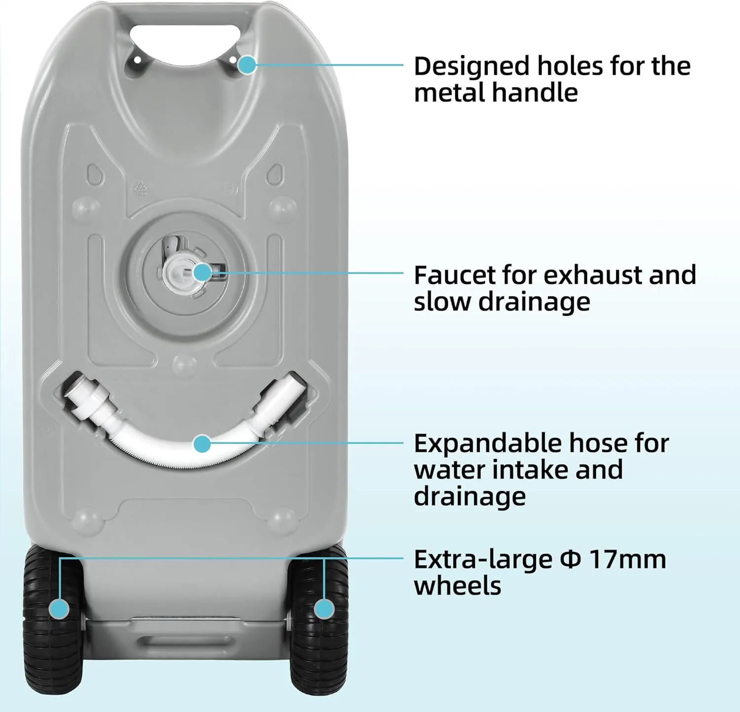 YITAMOTOR 40L Portable Water Tank with Solid Handle, Odorless Tote for Camper with Large Wheels, Portable Water Holding Tank with Filling and Draining Ports for Efficient Water Management, Gray