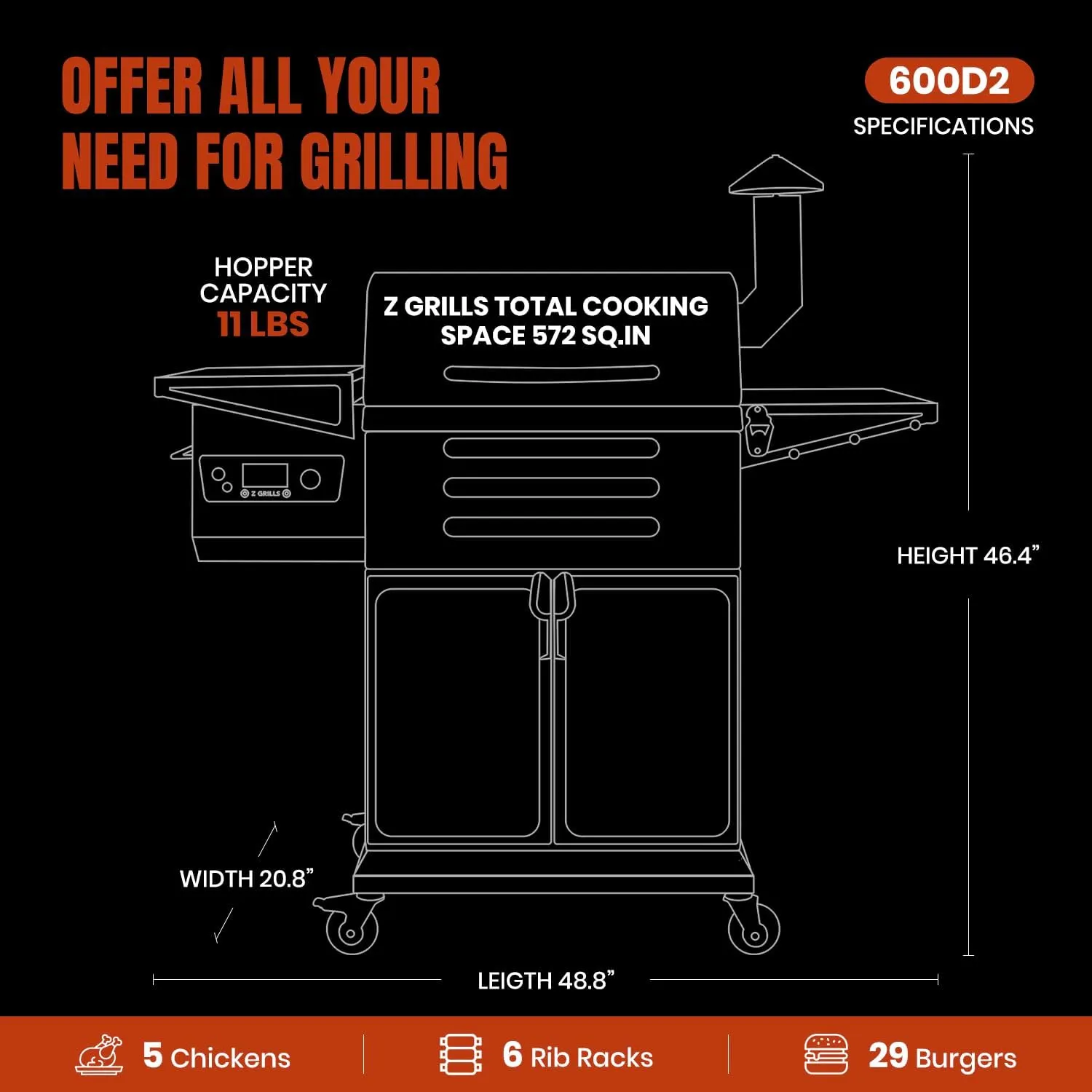 Z GRILLS Wood Pellet Grill & Smoker 8-in-1 Pellet Grill with Automatic Temperature Control，Meat Probes，572 Sq. in Area for Backyard Camping Outdoor Party