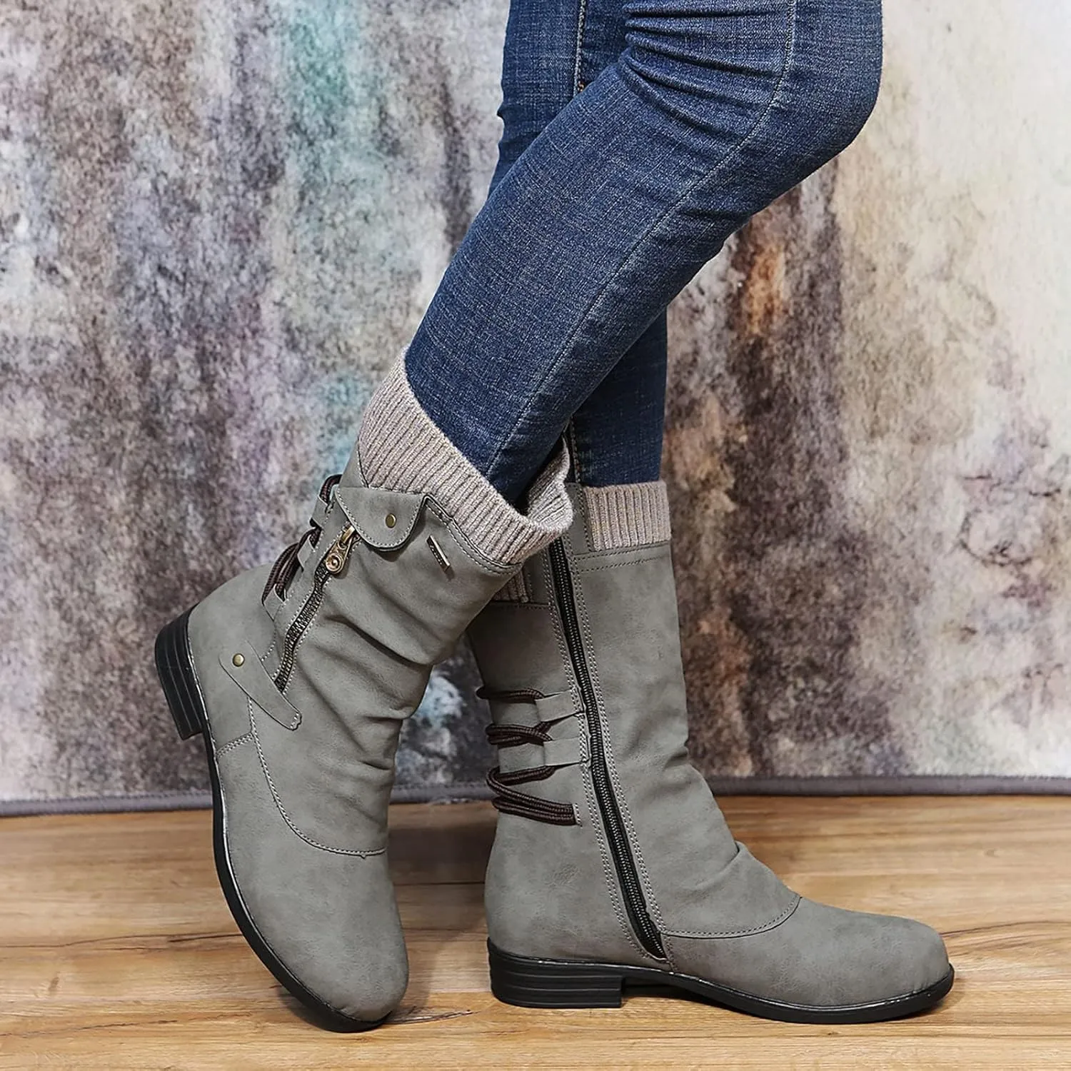 ZDLJYL Women's Knee High Comfortable Suede Slouch Flat Boots with Flat Heel and Side Zipper