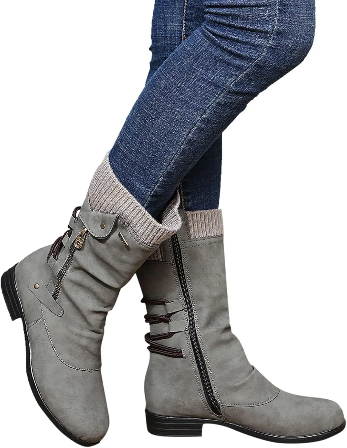 ZDLJYL Women's Knee High Comfortable Suede Slouch Flat Boots with Flat Heel and Side Zipper