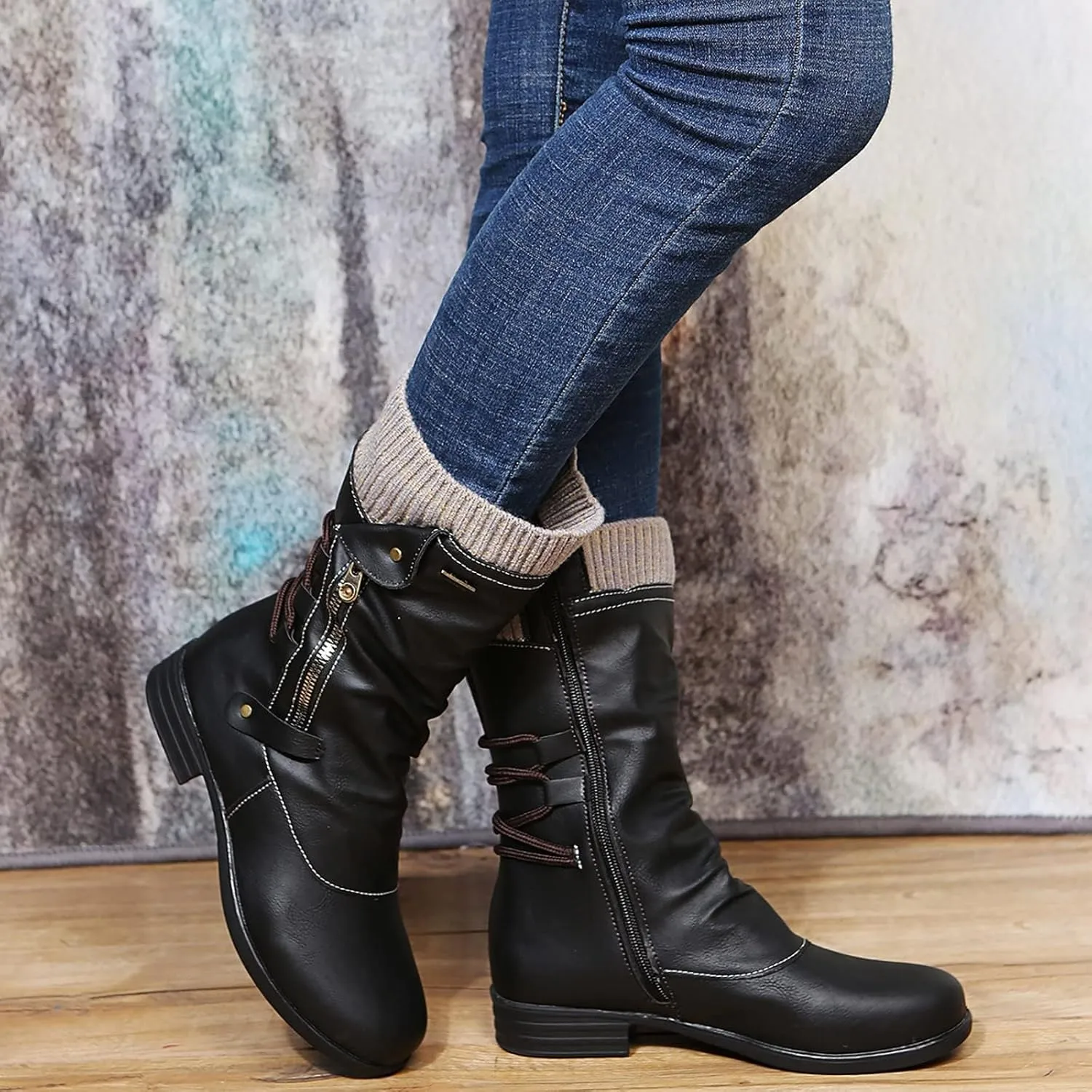 ZDLJYL Women's Knee High Comfortable Suede Slouch Flat Boots with Flat Heel and Side Zipper