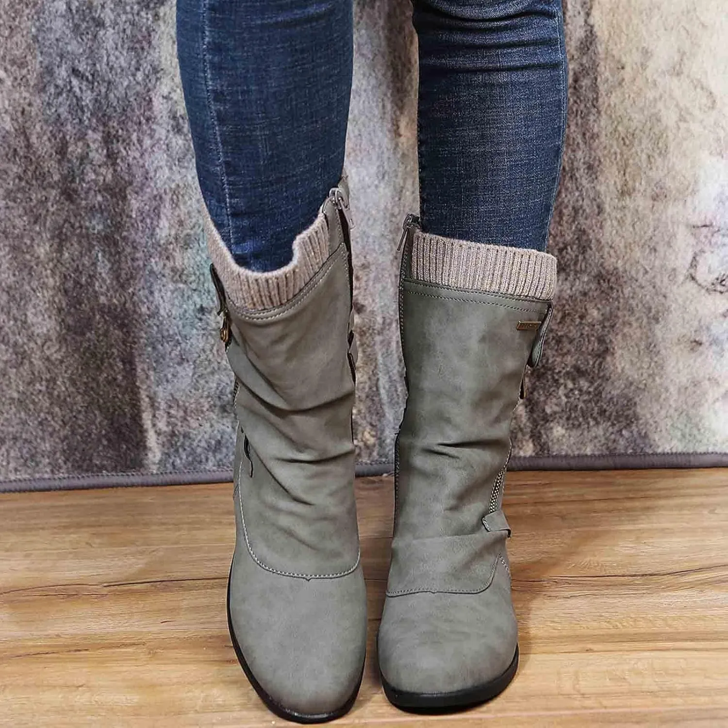 ZDLJYL Women's Knee High Comfortable Suede Slouch Flat Boots with Flat Heel and Side Zipper