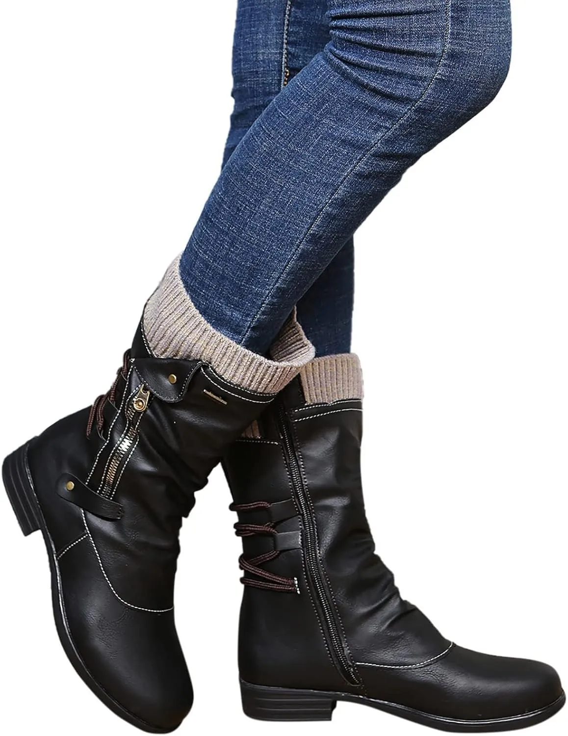 ZDLJYL Women's Knee High Comfortable Suede Slouch Flat Boots with Flat Heel and Side Zipper