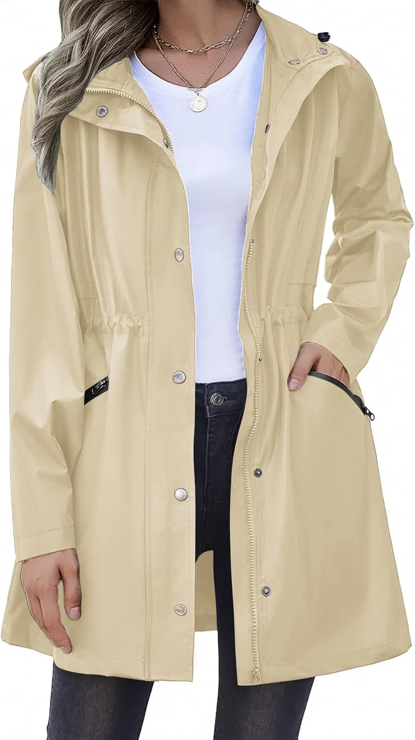 Zeagoo Raincoat Women Waterproof Long Hooded Rain Jacket Trench Coats Windbreaker Travel Jacket
