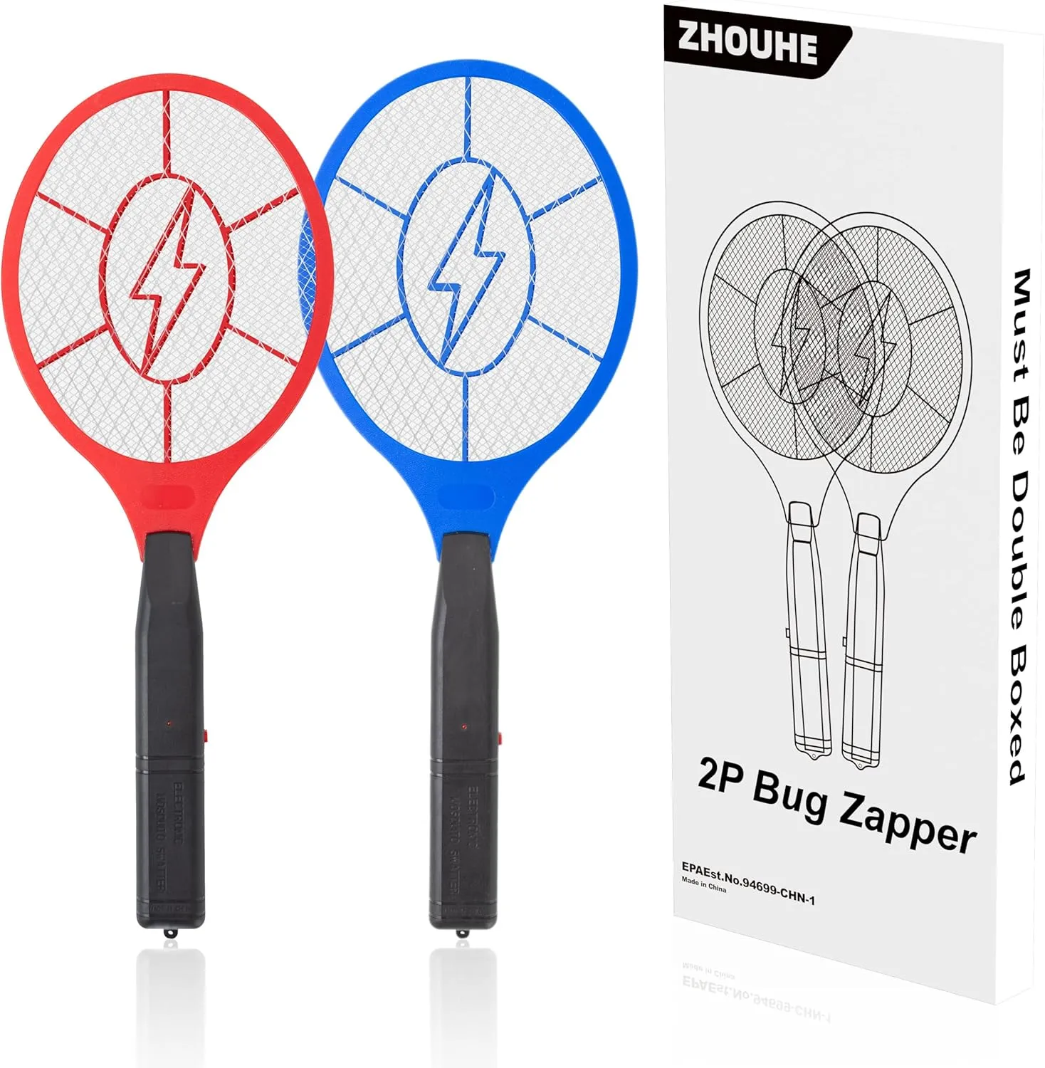 ZhouHe Pack of 2 Electric Fly Swatter Bug Zapper Battery Operated Flies Killer Indoor & Outdoor Pest Control Mosquito Zapper and Insect Catcher Racket（red＆Blue）