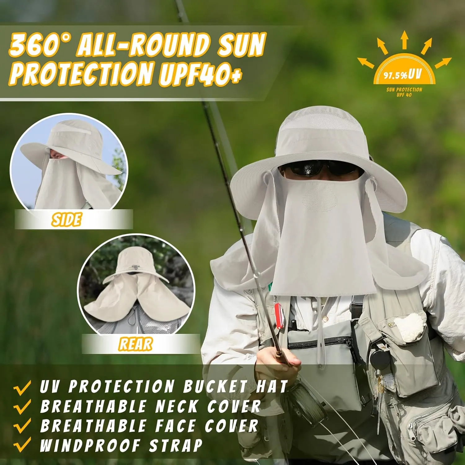 zowya Wide Brim Sun Hat with Face&Neck Cover,UPF50  Sun Protection Hiking Camping Fishing for Women,S/M