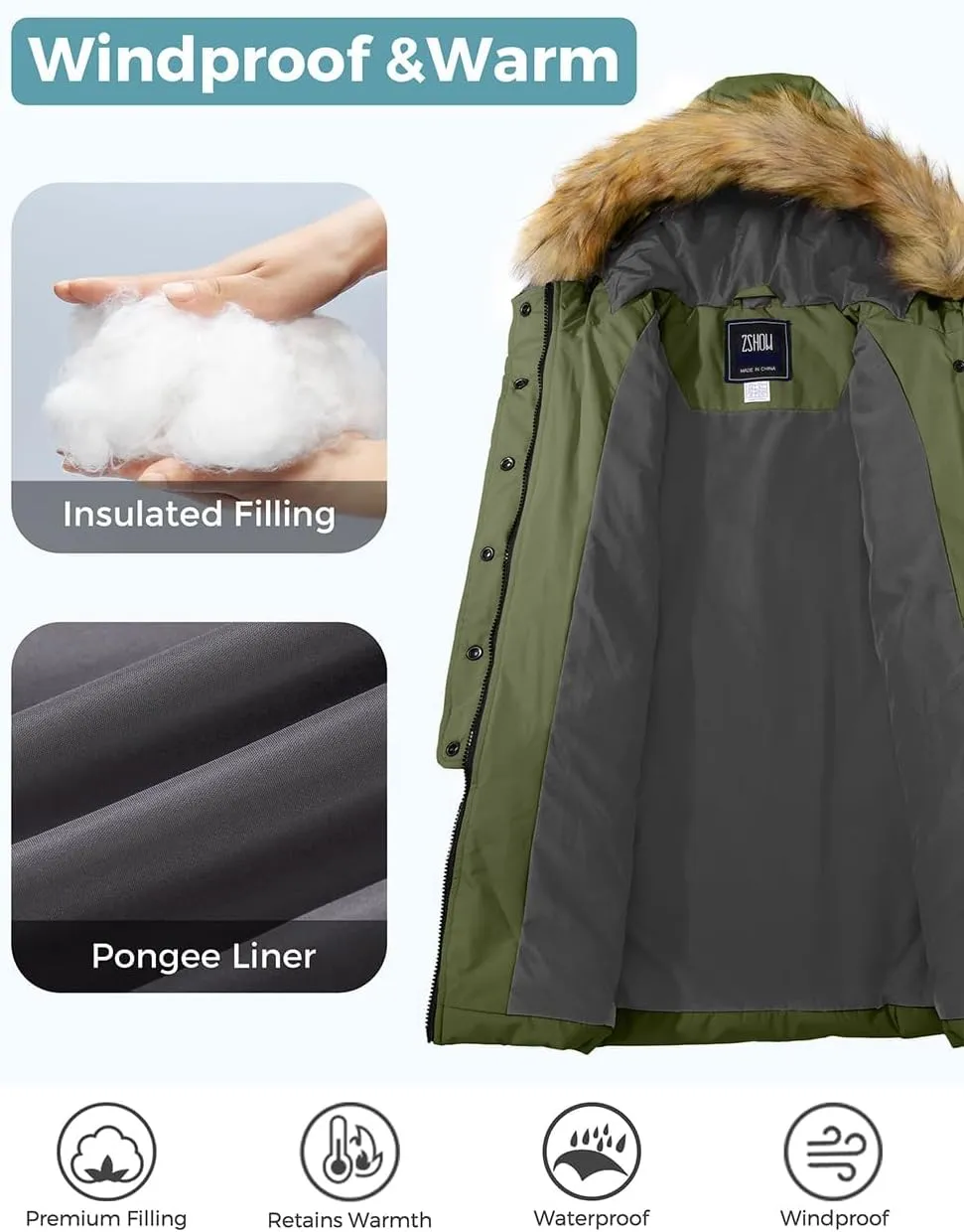ZSHOW Girls' Long Winter Coat Parka Waterproof Warm Puffer Jacket